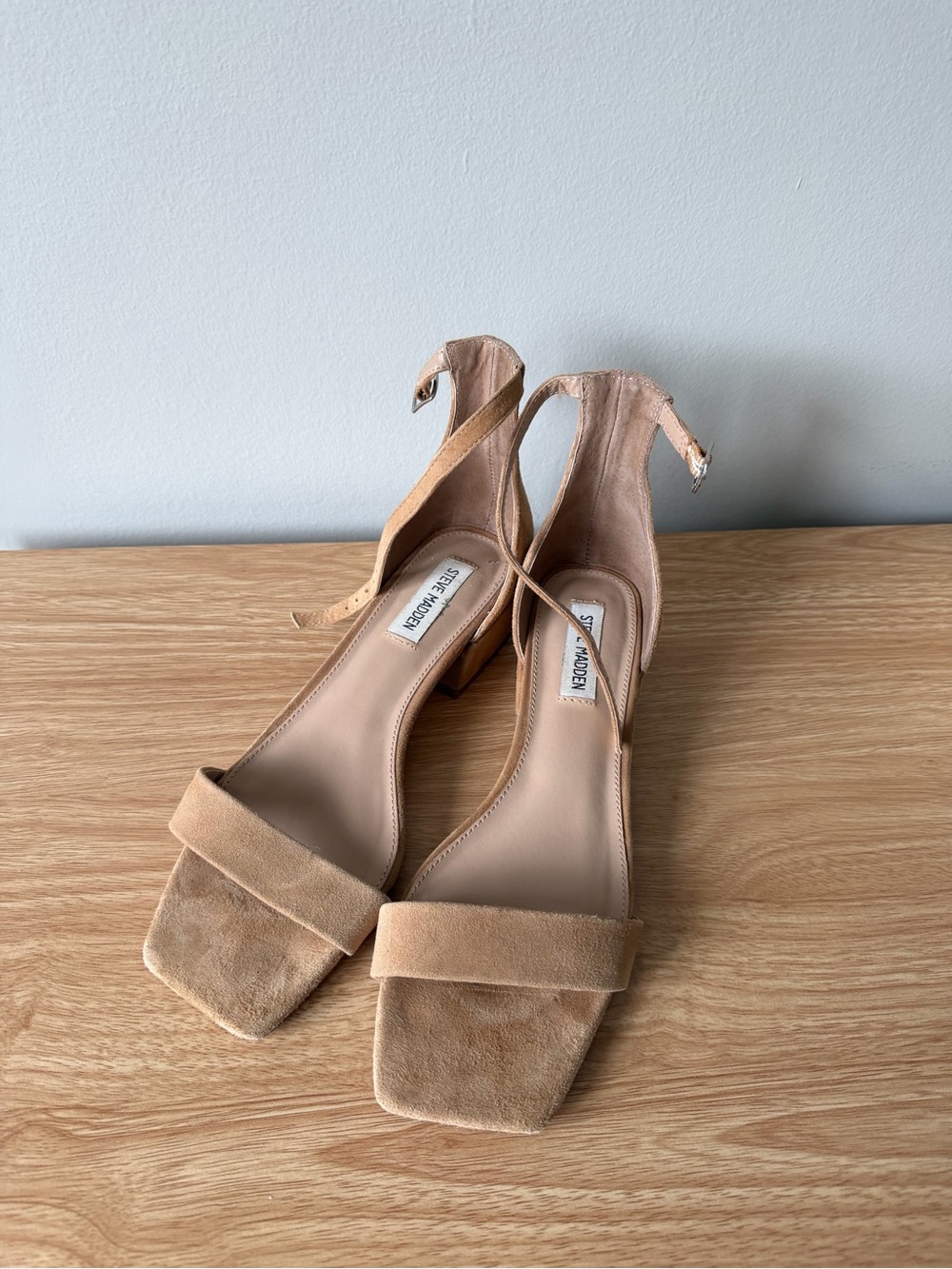 Steve Madden Beige/Tan Suede Ankle-Strap Block Heel Sandals
